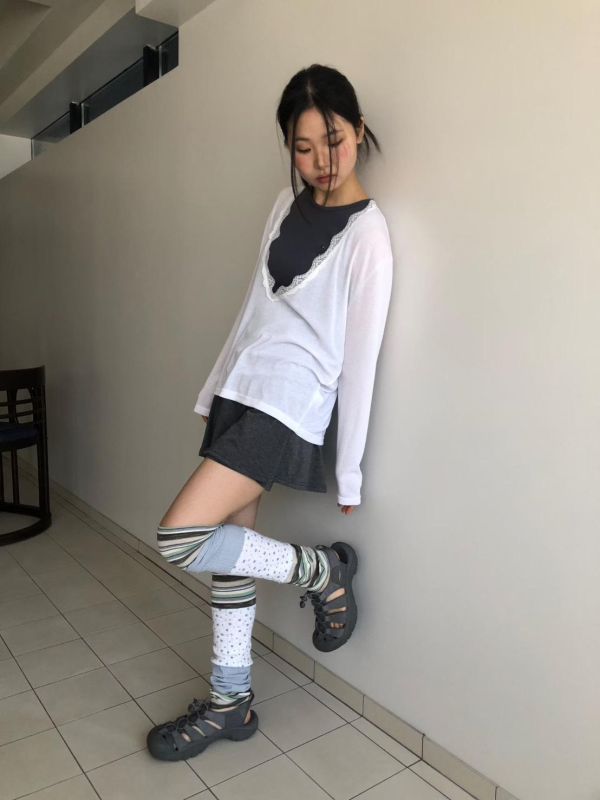 條紋小花撞色 2WAY 襪套 