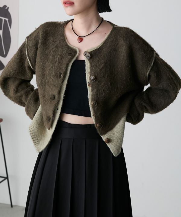 混色拉絨疊層針織開襟衫 