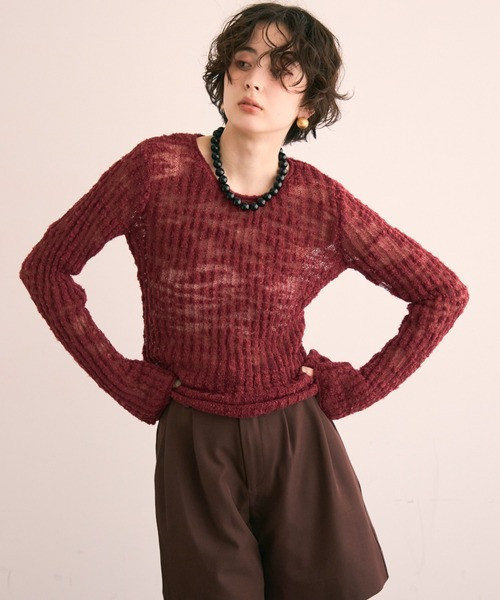 竹節透紗針織上衣 