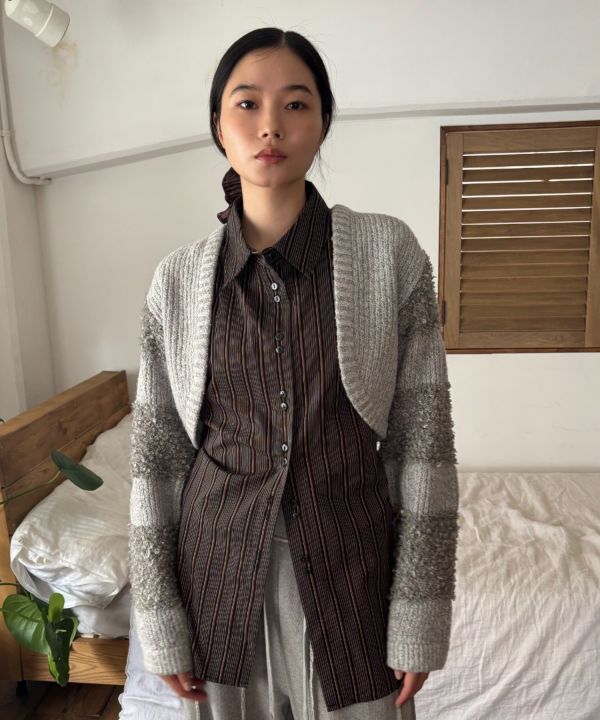 後綁帶收腰條紋襯衫 