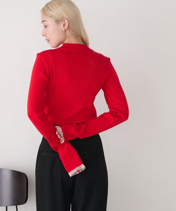 薄紗荷葉邊袖口羅紋針織套頭衫 