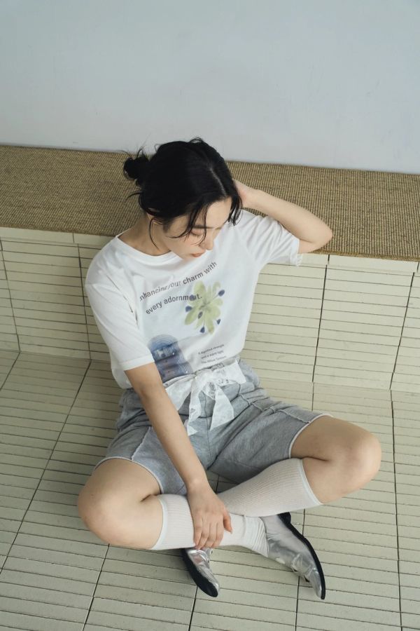 蕾絲綁繩五分棉褲 