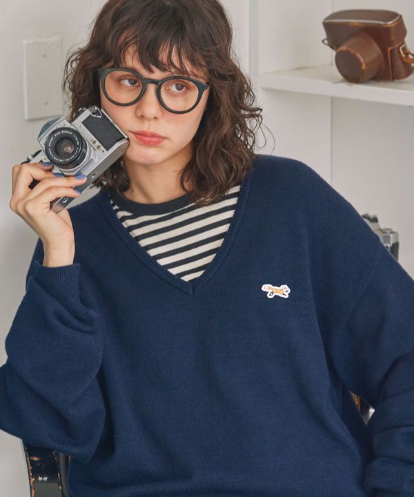 Penny's 狐狸刺繡 V 領針織套頭衫 