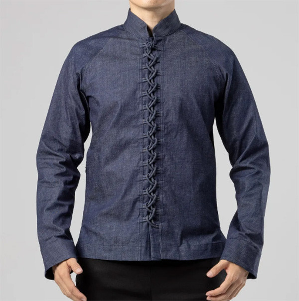 夜奔｜丹寧立領通明扣長袖上衣（單寧藍） 