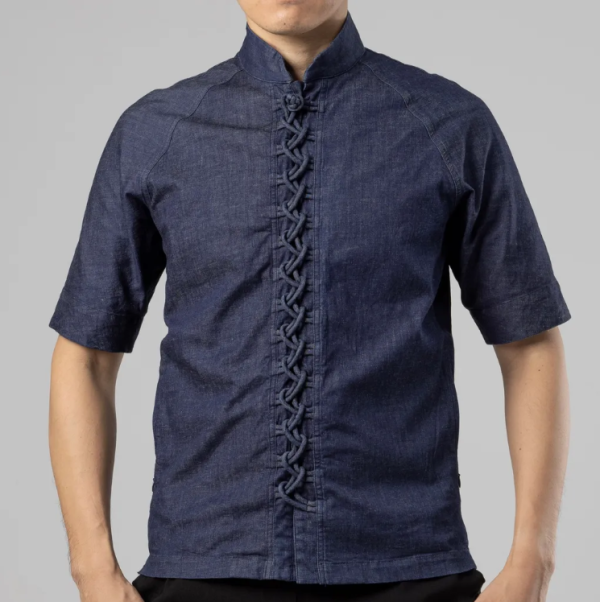 夜奔｜丹寧立領通明扣短袖上衣（單寧藍） 