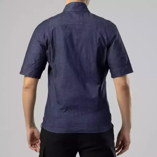 夜奔｜丹寧立領通明扣短袖上衣（單寧藍） 