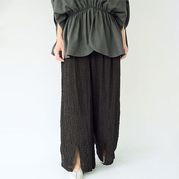 川衣 WEAR BEING|蠶絲前開衩寬褲 皺摺黑