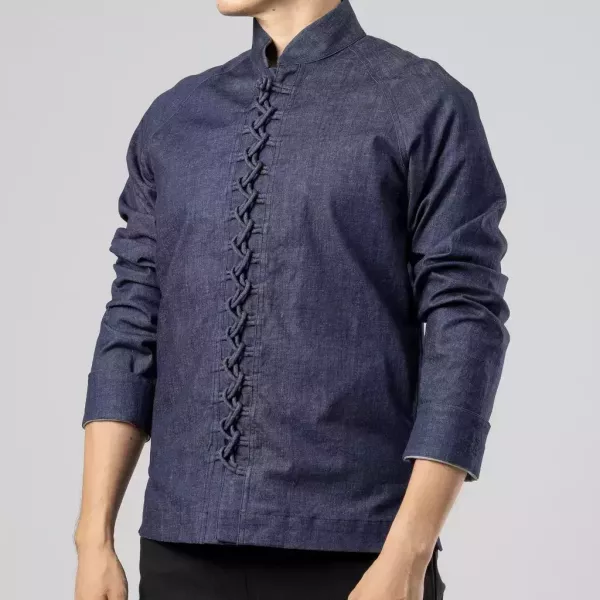 夜奔｜丹寧立領通明扣長袖上衣（單寧藍） 