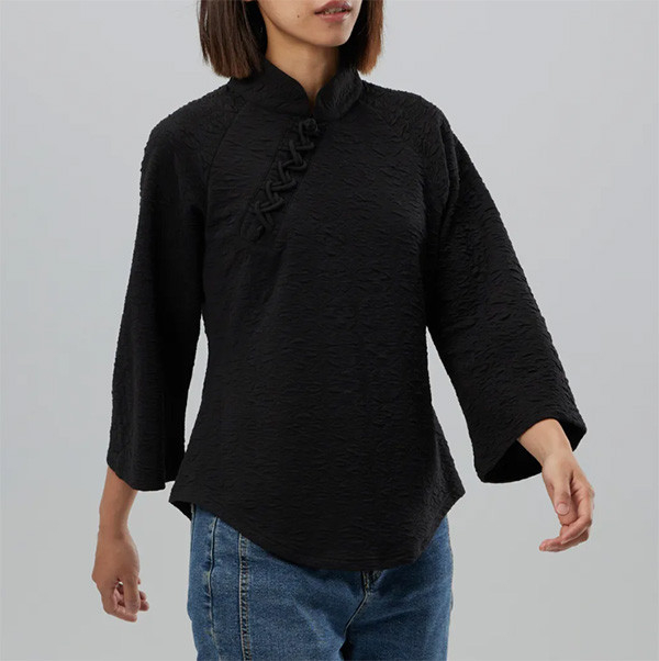 夜奔｜通明扣旗袍長袖上衣（墨玄黑） 