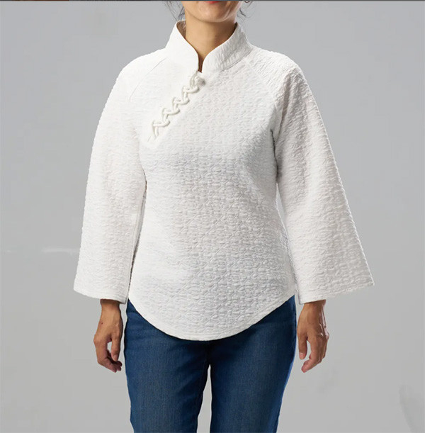 夜奔｜通明扣旗袍長袖上衣（皓月白） 