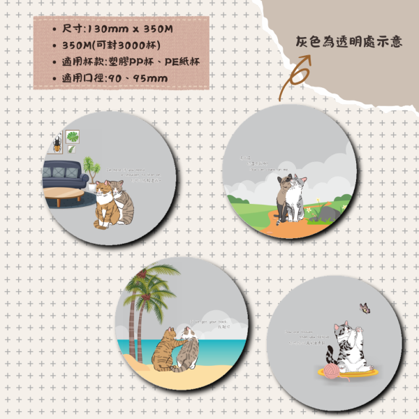 期間限定【亮面款-暖貓日記AP/PE膜】 設計師封口膜,貓咪封口膜,勵志文字封口膜,紙杯用封膜,封口膜哪裡買,PE封膜,AP風膜