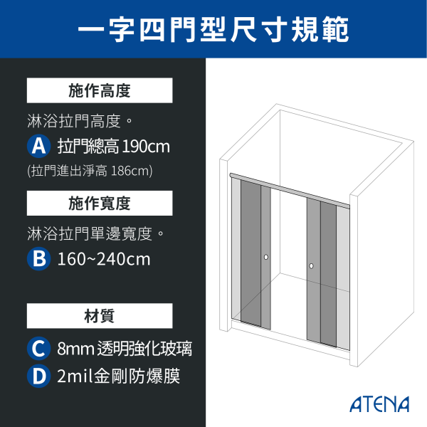 【ATENA】不鏽鋼八輪橫移四門 0元升級防爆膜 三年保固 乾溼分離 無框淋浴拉門 強化玻璃 到府安裝 客製化服務 淋浴拉門, 台灣製造, 浴室門, 玻璃淋浴門, 隔間門, 浴室裝潢配件, 耐用淋浴門, 浴室設計, 防水浴室解決方案, 現代家居, 簡易安裝, 浴室優化, 質感升級