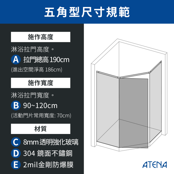 【ATENA】五角型淋浴拉門 0元升級防爆膜 三年保固 乾溼分離 無框淋浴拉門 強化玻璃 浴室設計 客製化服務 淋浴拉門, 台灣製造, 浴室門, 玻璃淋浴門, 隔間門, 浴室裝潢配件, 耐用淋浴門, 浴室設計, 防水浴室解決方案, 現代家居, 簡易安裝, 浴室優化, 質感升級