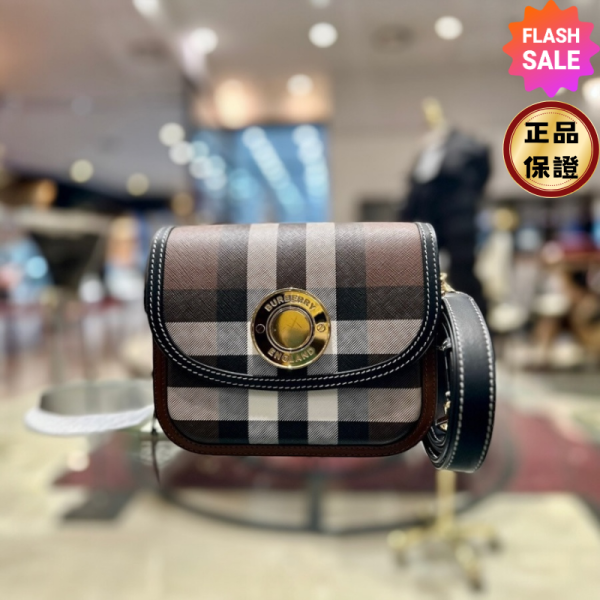 Burberry  80696571 小款  Elizabeth 格紋小方包    暗樺木棕色 Burberry Elizabeth小方包, 格紋斜背包, 名牌小方包, 皮革飾邊包, 義大利製造手袋。