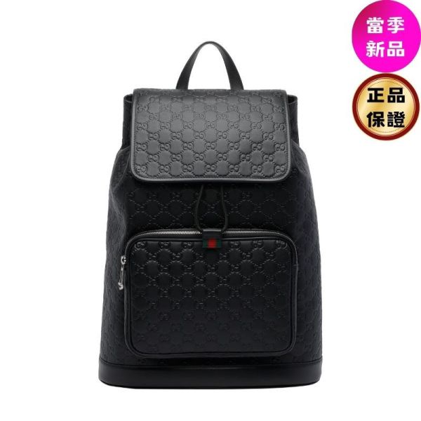 Gucci 854750 中款 GG Emblem 印花壓紋光面皮革背包  黑色 Gucci 背包,GG Emblem,精品後背包,筆電背包,Gucci 包款