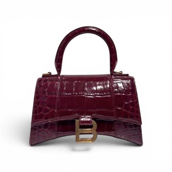 Balenciaga 592833 Hourglass XS 鱷魚紋小牛皮沙漏包    金釦/酒紅色 