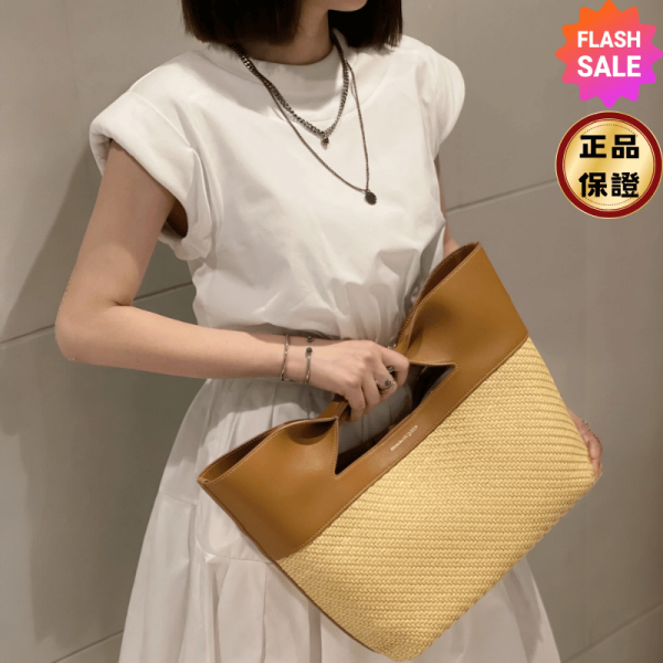 Alexander McQueen 709344 The Bow XL 拉菲草編和小牛皮托特包 McQueen, The Bow XL, 托特包, 義大利製造, 天然拉菲草, 小牛皮, 夏日單品