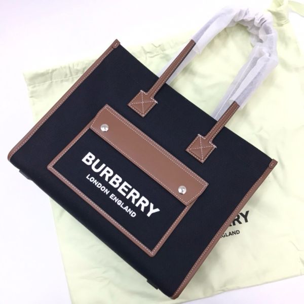 Burberry 80441371 Freya 小款雙色帆布拚皮托特包 黑色 