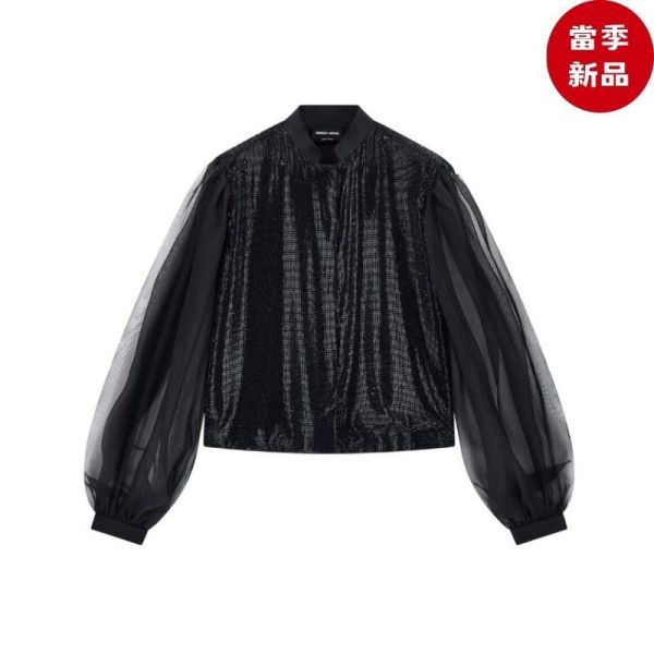 Giorgio Armani 絲緞襯衫 真絲歐根紗袖水鑽裝飾 黑色 IT 40/42 Giorgio Armani,真絲襯衫,桑蠶絲襯衫,歐根紗襯衫,水鑽襯衫,絲緞襯衫,GW004387AF30225ZZ017