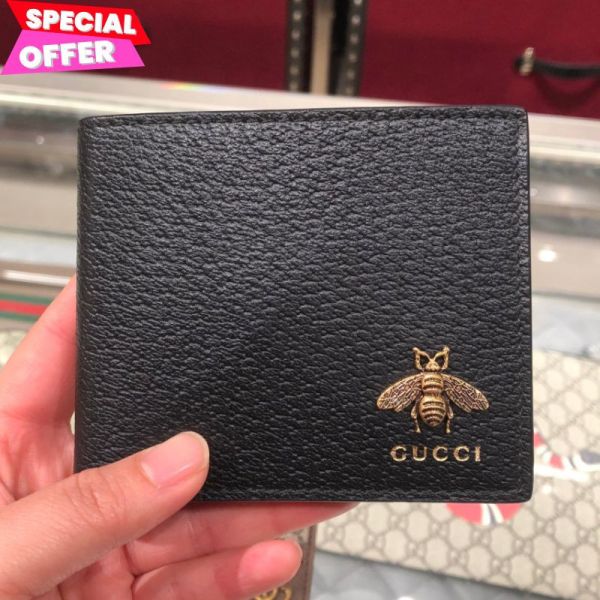 Gucci 523664 經典 Animalier 系列蜜蜂裝飾對開 8 卡牛皮短夾 Gucci 短夾, Animalier 系列, 皮革蜜蜂裝飾, 黑色短夾, 義大利手工包, 奢華時尚包, 經典對開錢包