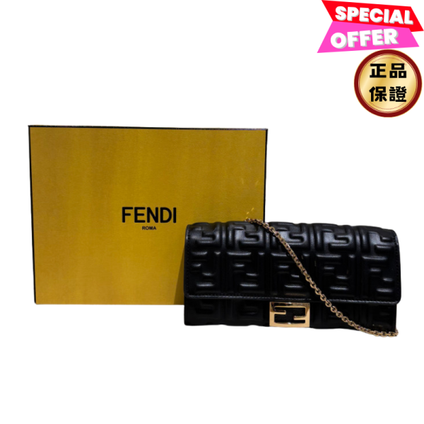 Fendi 8M0365 Baguette FF 立體浮雕小羊皮 WOC 鏈帶皮夾 黑色 Fendi, 8M0365, Baguette WOC, 小羊皮, 黑色, 義大利製造, 時尚單品