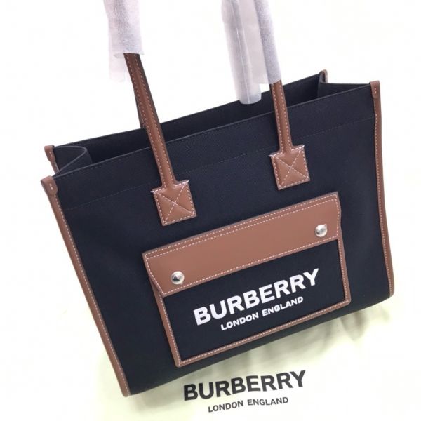 Burberry 80441371 Freya 小款雙色帆布拚皮托特包 黑色 