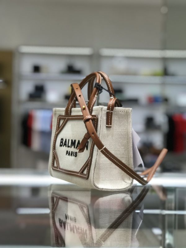 Balmain B-Army 皮革鑲嵌迷你帆布購物包 棕色 Balmain B-Army 皮革鑲嵌迷你帆布購物包  棕色