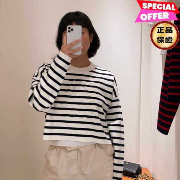 Loewe Anagram 條紋針織毛衣 S/M﻿ Moncler, Anagram毛織, 羊毛, Off-white/Navy, 義大利製造, 時尚單品