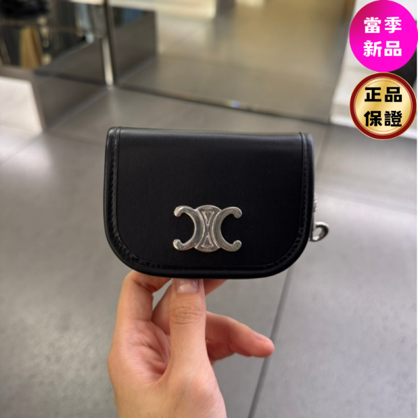 Celine 10P403 凱旋門 Nano Besace 鑰匙包 黑色 Nano Besace Triomphe, 鑰匙環, 牛皮革, 黑色, 義大利製造, 時尚單品