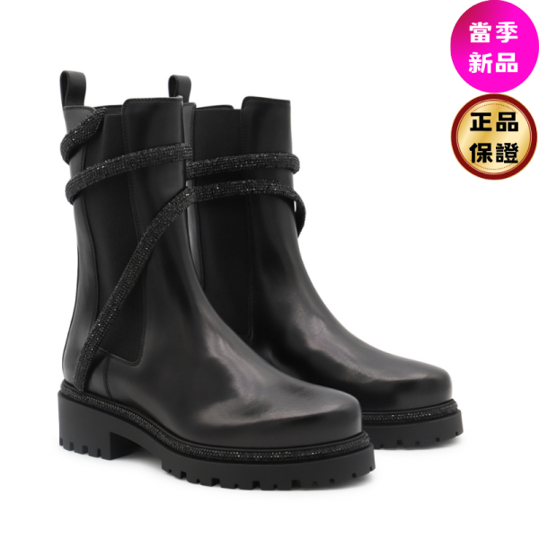 Rene Caovilla 女款 Cleo 純黑色水晶Combat 機車靴  黑色/底高2.5公分  IT 36/37/38/38.5/39/40 Rene Caovilla, Cleo Crystal, Black Bootie 25, 義大利製造, 黑皮革, 晶鑲設計, 實用風格, 時尚單品, Chelsea靴, 低跟鞋
