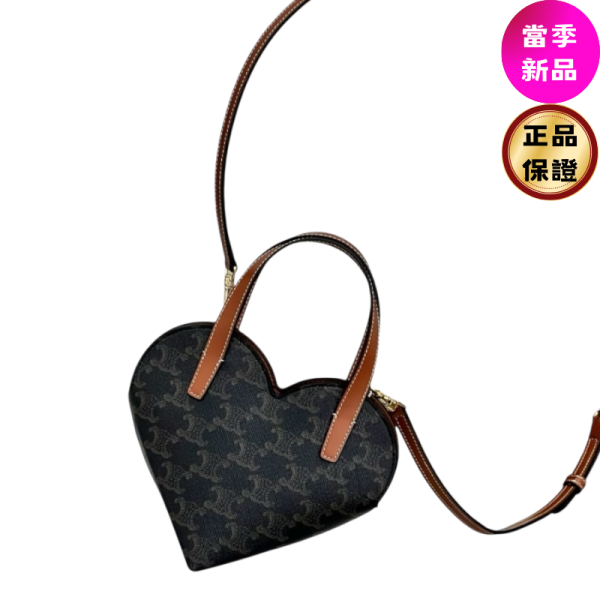 Celine 10P512 Teen Coeur老花凱旋門迷你愛心包 TEEN COEUR CELINE, 標誌印花手袋, 義大利製造, 牛皮革, 棕褐色, 可調肩帶, 時尚單品