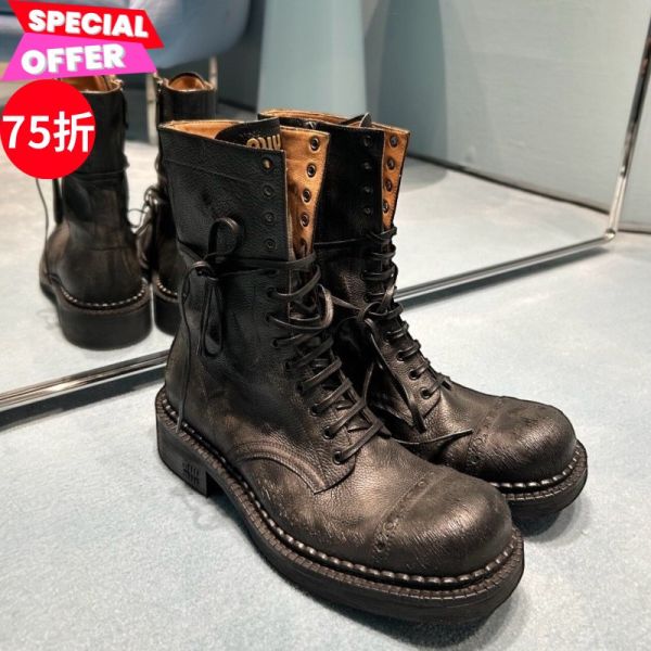 Miu Miu 5U316E 女款打孔綁帶皮革短靴 黑色  IT36.5/37/37.5/38/38.5/39/40 Bottega Veneta女靴,Fireman光滑皮革靴,側邊彈性靴,時尚圓頭靴,Bottega Veneta皮靴