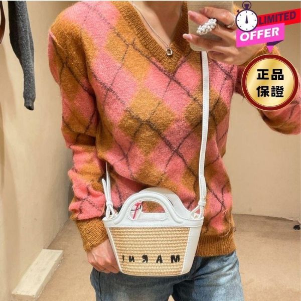 Marni Micro Tropicalia 皮革和拉菲草編織包  白色/付長肩帶 Marni,Tropicalia,編織包,微型托特包,義大利製造