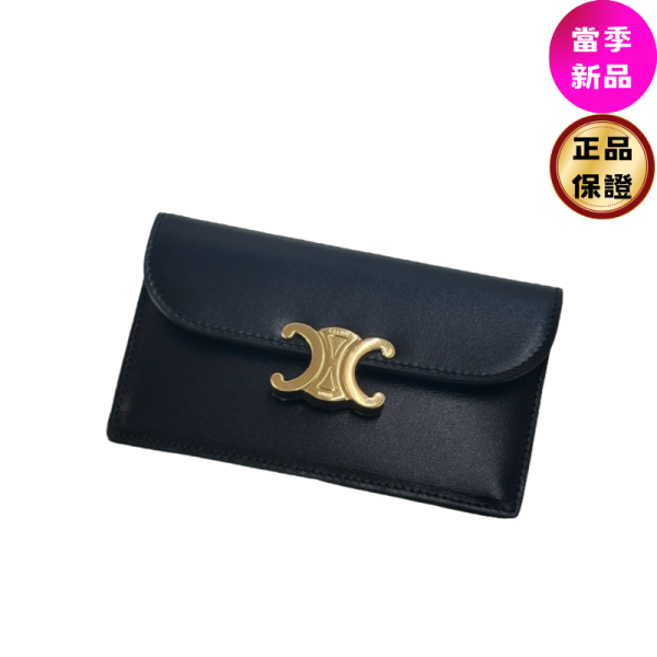 Celine 10P073 Triomphe 凱旋門翻蓋長款卡片套  黑色 Celine, TRIOMPHE, 翻蓋卡片套, 灰褐色, 義大利製造, 牛皮革, 金色釘扣, 實用設計, 時尚單品, 便攜風格