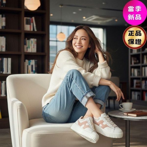 Hogan 女款 H-Stripes 光滑皮革6公分厚底餅乾運動鞋  白色配粉色H  EU35/36/36.5/37/37.5/38/39 Hogan, H-Stripes, 運動鞋, 白黑, 納帕皮革, 超輕量大底, 義大利製