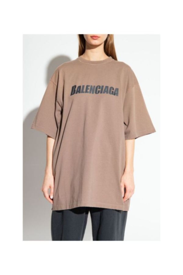 Balenciaga 651795 復古平紋針織OS版型短袖棉T/上衣  淺棕色和黑色  XS/S 