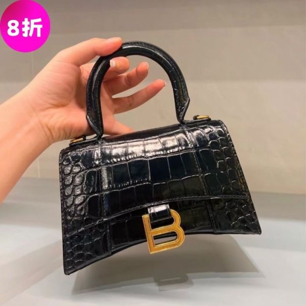 Balenciaga 592833 Hourglass XS 鱷魚紋小牛皮沙漏包  黑色金釦 Balenciaga Hourglass XS,鱷魚紋小牛皮沙漏包,Balenciaga金色B徽標包,經典弧形沙漏包
