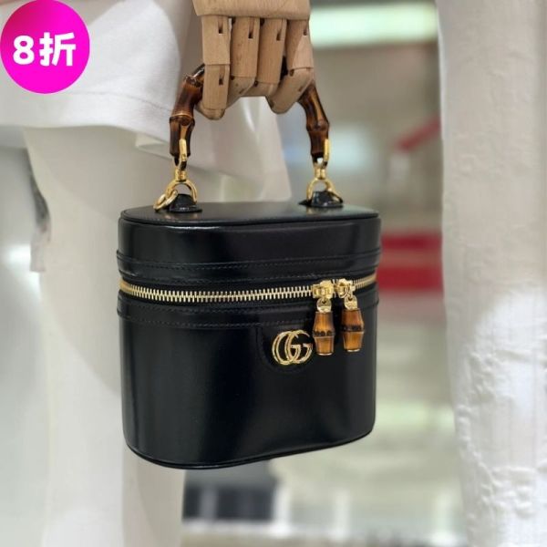 Gucci 760200 竹節提把迷你化妝包  黑色/附肩帶 Gucci、竹節包、Gucci梳妝包、迷你包推薦、雙G肩背包、Gucci經典設計、義大利精品包、100%真品、專櫃真品、限量精品