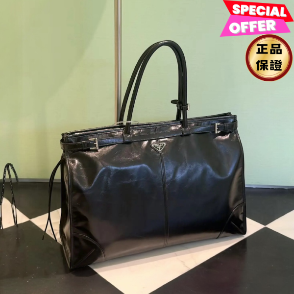 Prada 2VG128 超大款亮澤皮革繫帶 Bonnie包 黑色/付長肩帶 Prada, Bonnie手提袋, 小牛皮, 再生尼龍, 義大利製造, 時尚單品