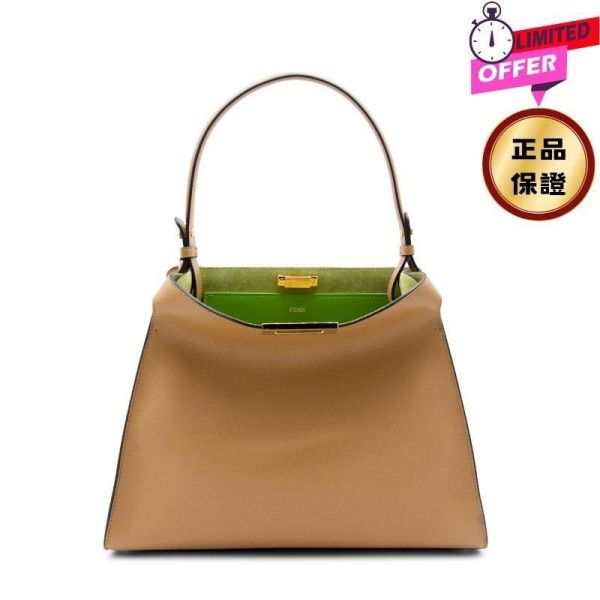 Fendi Way 8BN368 中款卡布奇諾色皮革和森林綠麂皮包 FENDI Way,中型手袋,黑色小牛皮,牛角鎖包款,義大利製造