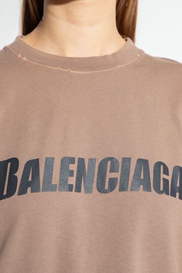 Balenciaga 651795 復古平紋針織OS版型短袖棉T/上衣  淺棕色和黑色  XS/S 