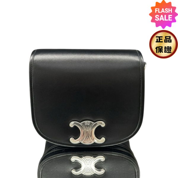 Celine 117883 Triomphe 柔軟牛皮革Besace 翻蓋馬鞍包  黑色 Celine, Besace Triomphe, 牛皮革, 黑色, 義大利製造, 中號手袋, 銀色飾面, 實用設計, 時尚單品, 百搭風格
