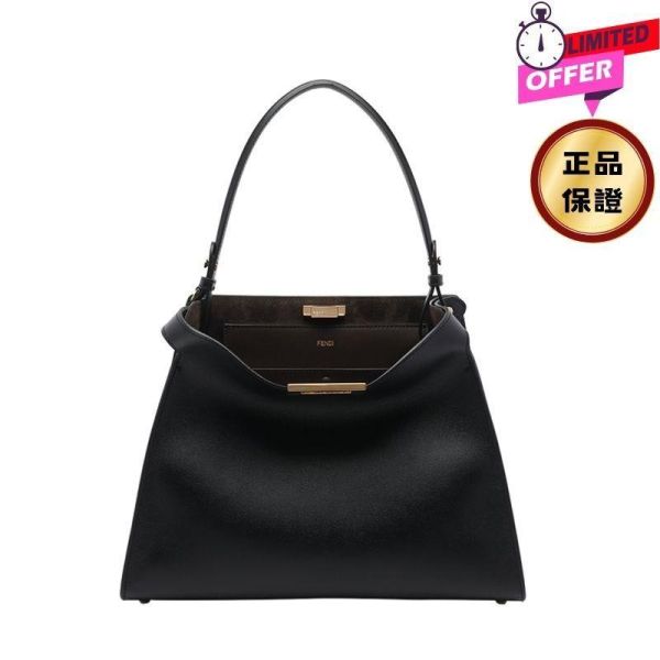 Fendi Way 8BN368 中款黑色皮革和巧克力色麂皮包 FENDI Way,中型手袋,黑色小牛皮,牛角鎖包款,義大利製造