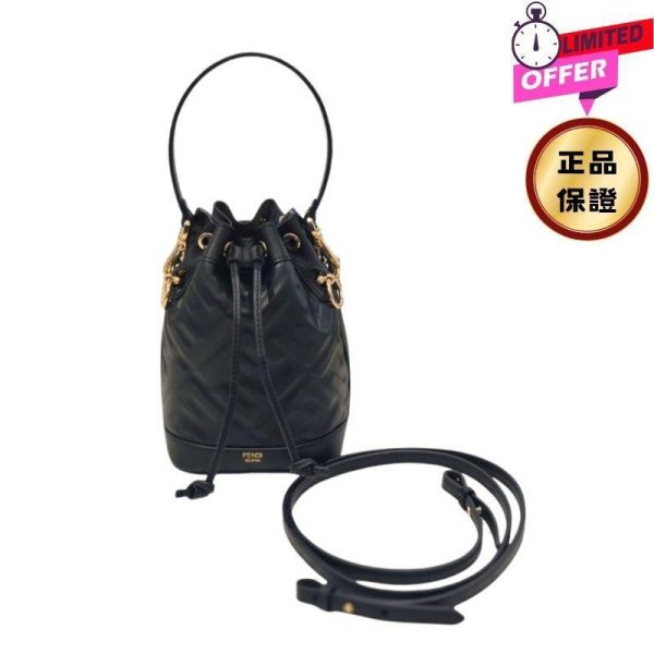 Fendi 8BS093 迷你 FF 立體浮雕Mon Tresor 包    黑色/附肩帶 Fendi,Mon Tresor,FF浮雕水桶包,黑色迷你包,Fendi水桶包
