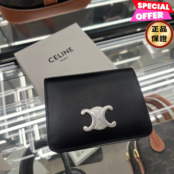Celine 10K623 Triomphe 凱旋門小牛皮短夾 黑色/銀釦 Celine, TRIOMPHE錢包, 牛皮革, 黑色, 義大利製造, 時尚單品
