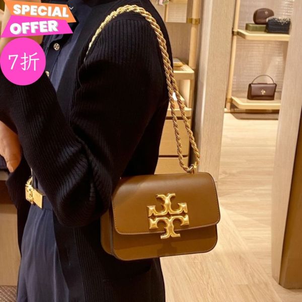 Tory Burch Eleanor 大標誌小款單肩包    金棕色 Tory Burch Eleanor 小號單肩包, 米白色包, 小牛皮單肩包, 磁性翻蓋包, 時尚名牌包, 可調節鍊條包, 高質感日常包