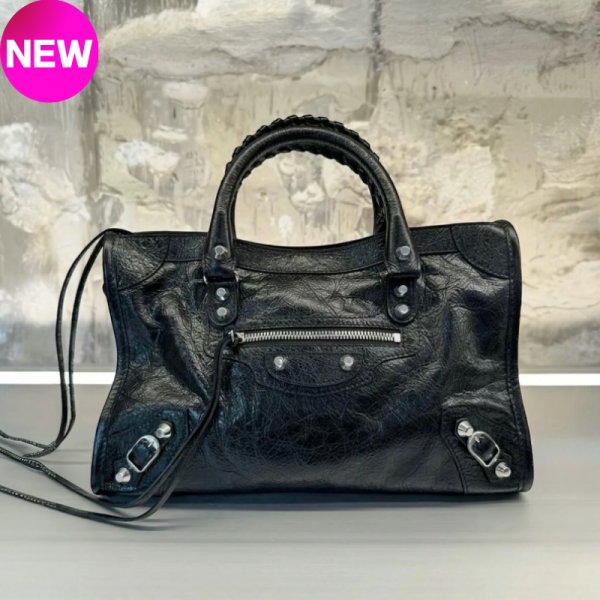 Balenciaga 823058 Le City 小羊皮中款機車包  黑色銀釦﻿ Balenciaga 手袋, 中款小羊皮包, 黑色, 小羊皮編織包, 義大利手工, 低調奢華, 摩托風, 夏日時尚