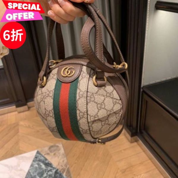 Gucci 574794 Ophidia GG帆布小牛皮球型手提包 Gucci Ophidia 球型包, GG Supreme 帆布包, 運動風肩背包, 米色小牛皮包, 義大利製迷你包, 時尚百搭包, 雙G硬件手提包