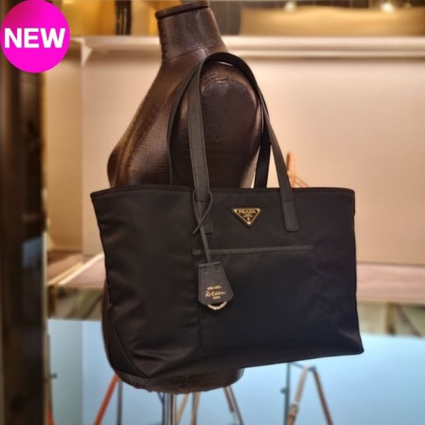 Prada 1BG555 Re-Nylon及Saffiano皮革通勤托特包 黑色 Prada 手提包, Re-Nylon 再生尼龍, Saffiano 皮革, 黑色經典, 義大利手工