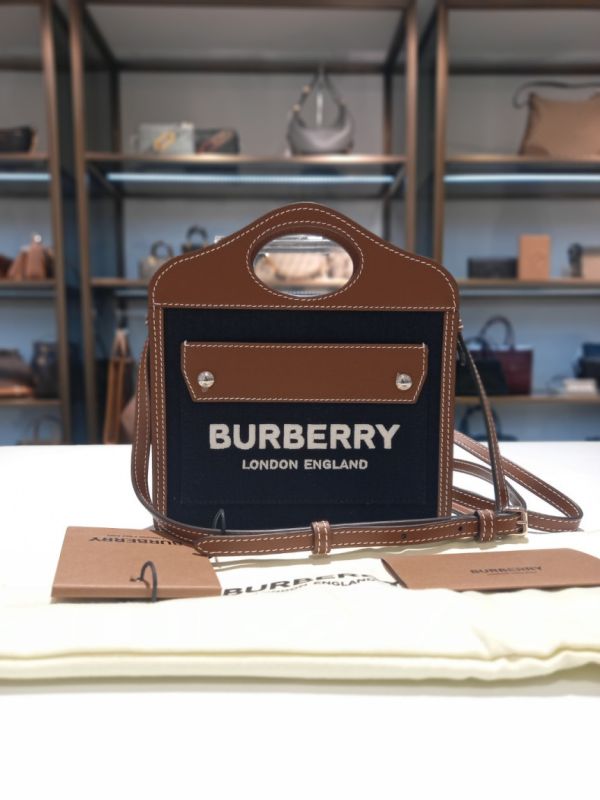 Burberry 80551871 Pocket 迷你双色帆布拼皮革口袋包  黑色 